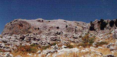 La cumbre de sierra Almola se levanta ms all del lapiaz del primer plano como la cabeza de un cachalote ptreo. A la derecha hiedras y encinas rupcolas en los acantilados.
